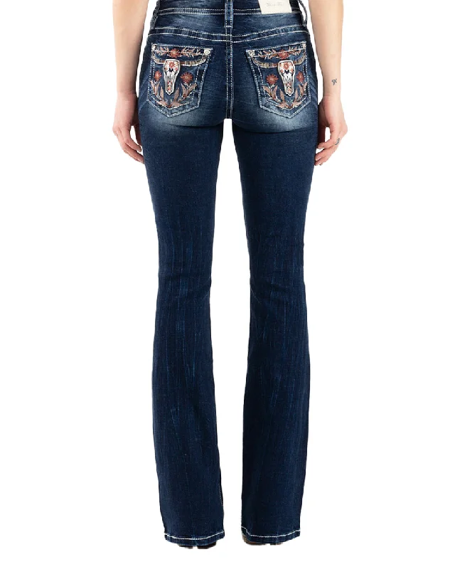 Women's Angelic Steer Boot Cut Jeans Fashionable Raw Edge Jeans