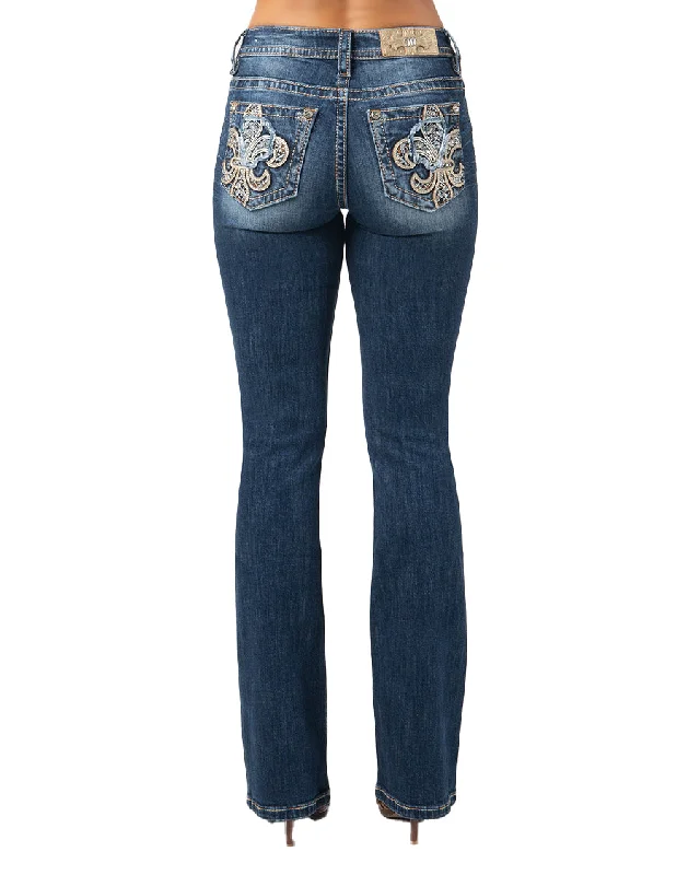 Women's Crystal Fleur De Lis Boot Cut Jeans Chic Rolled Cuff Denim Jeans