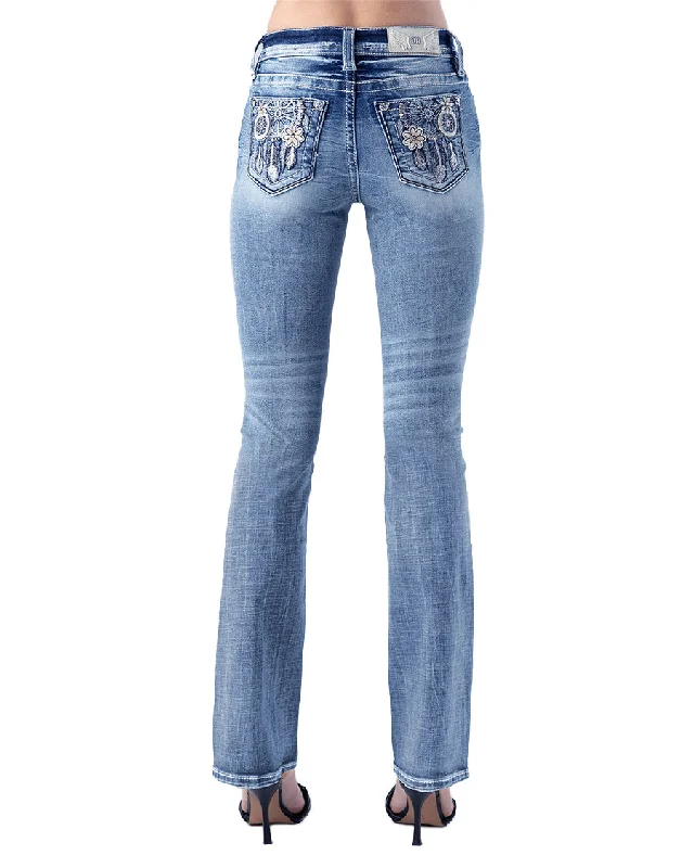 Women's Flower Dream Catcher Boot Cut Jeans Comfortable Folded Hem Jeans