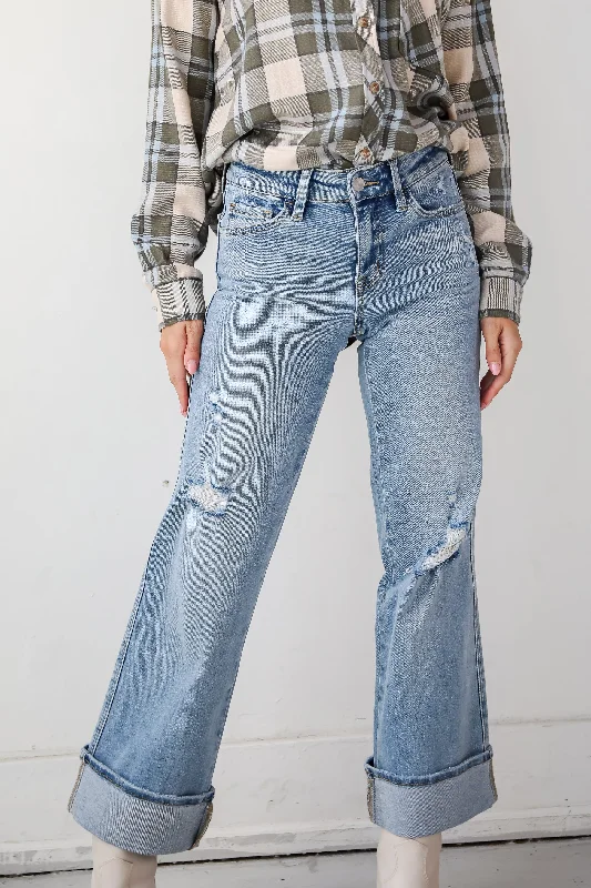 Maggie Light Wash Mid-Rise Cuffed Ankle Wide Jeans Fashionable Straight Cut Jeans