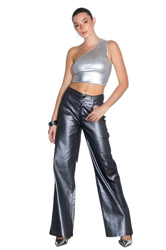 Metallic High Rise Wide Jeans Comfortable Folded Hem Jeans
