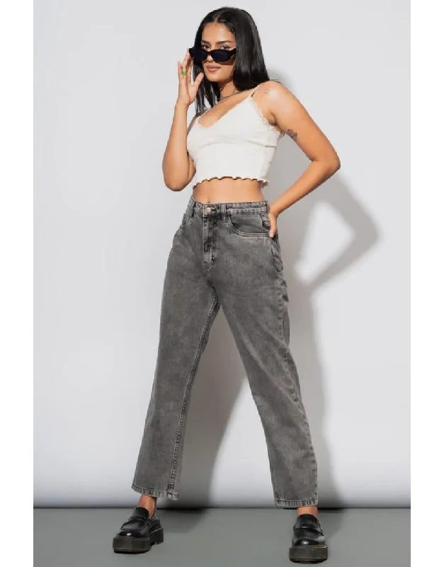 Mid Rise Loose Straight Jeans Dark Grey Wash Stylish Paperbag Waist Denim