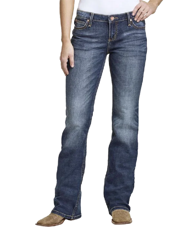 Wrangler Women Retro Mae Mid-rise Bootcut Jeans Trendy Wide-Leg High-Waist Denim