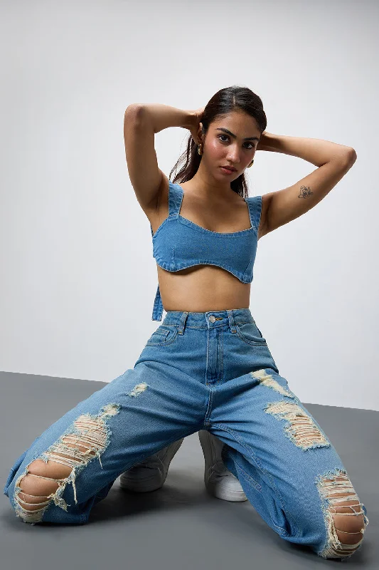 Mid Wash Ripped Jeans Casual Distressed Denim Jeans