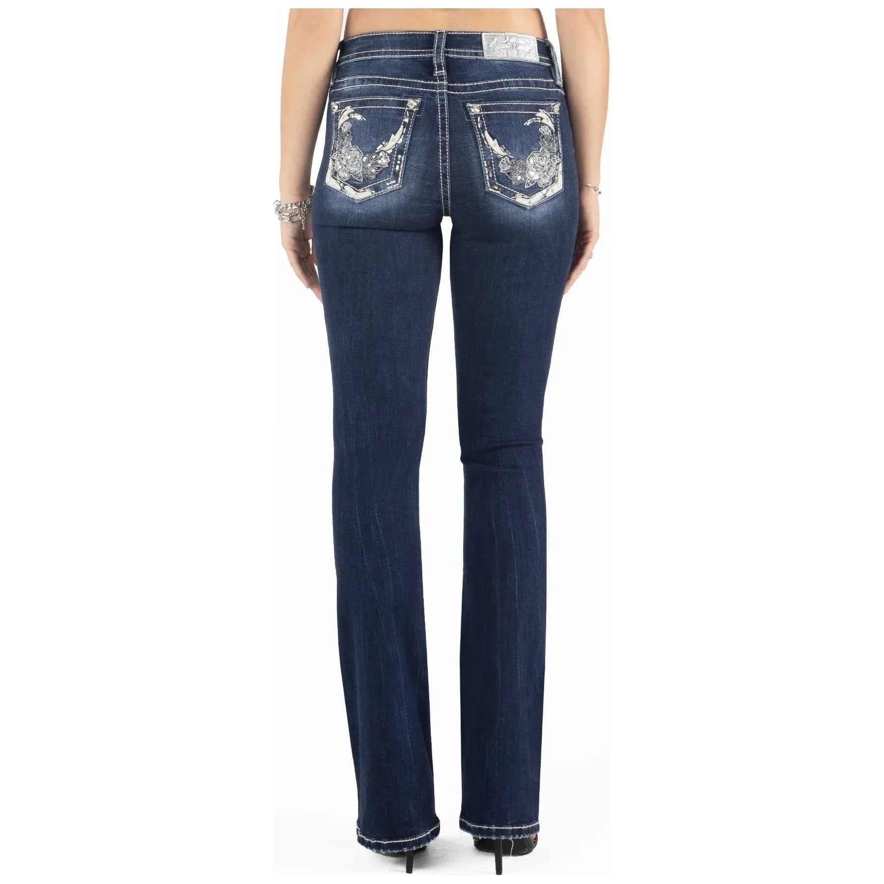 Miss Me Floral White Leather Bootcut Jeans #M9228B Fashionable White Denim Jeans