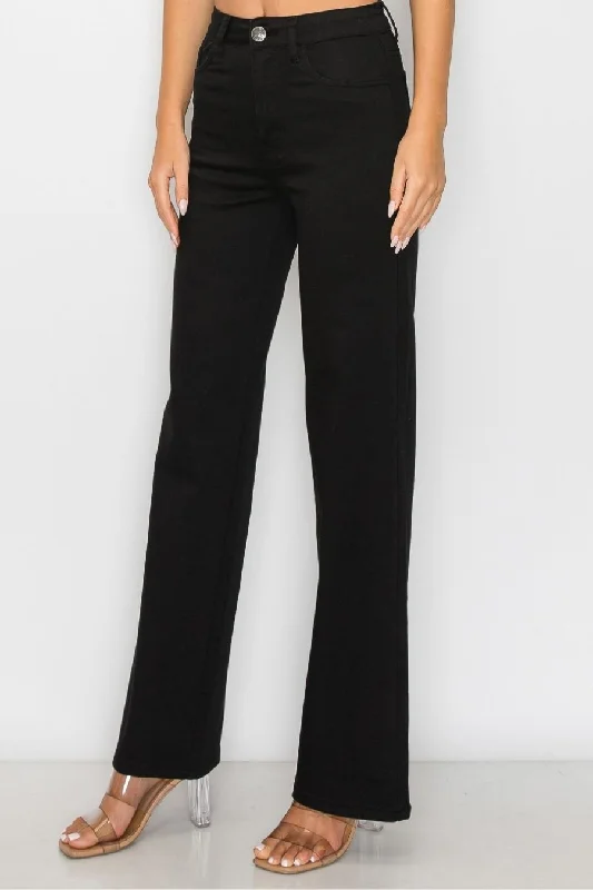 MOXI HIGH WAISTED WIDE LEG JEANS - BLACK Comfortable Zip-Up Skinny Jeans