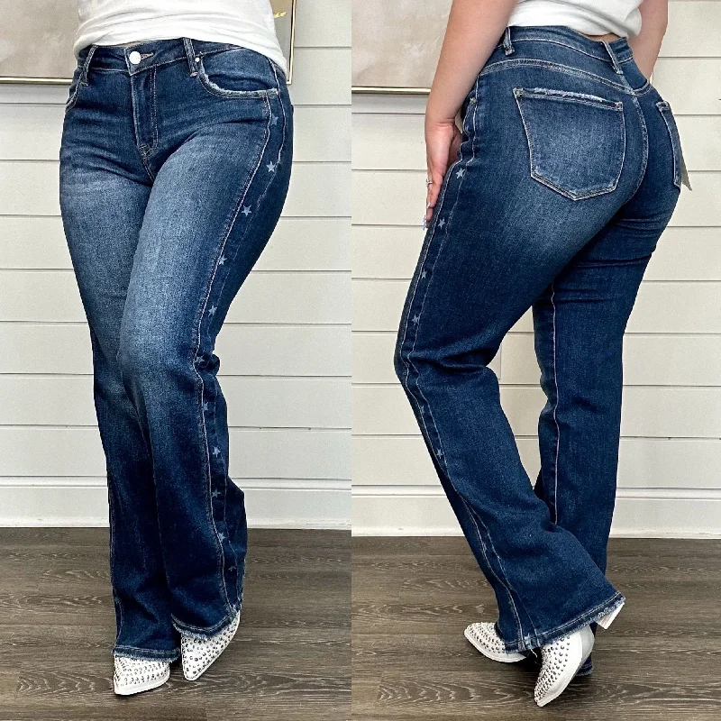 Risen Demi Mid Rise Straight Leg Dark Wash Star Print Jeans Stylish Stone-Wash Denim Jeans Risen Demi Mid Rise Straight Leg Dark Wash Star Print Jeans Stylish Stone-Wash Denim Jeans