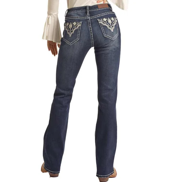 Rock & Roll Denim Women's Mid Rise Aztec Bootcut Jeans Elegant Dark-Wash Bootcut Jeans