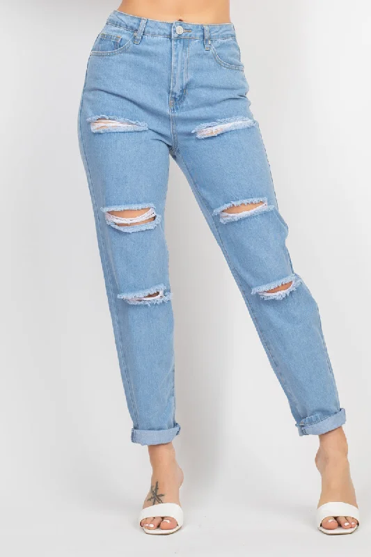 Rolled Hem Ripped Denim Jeans - Ships from The US Trendy Low-Rise Bootcut Jeans