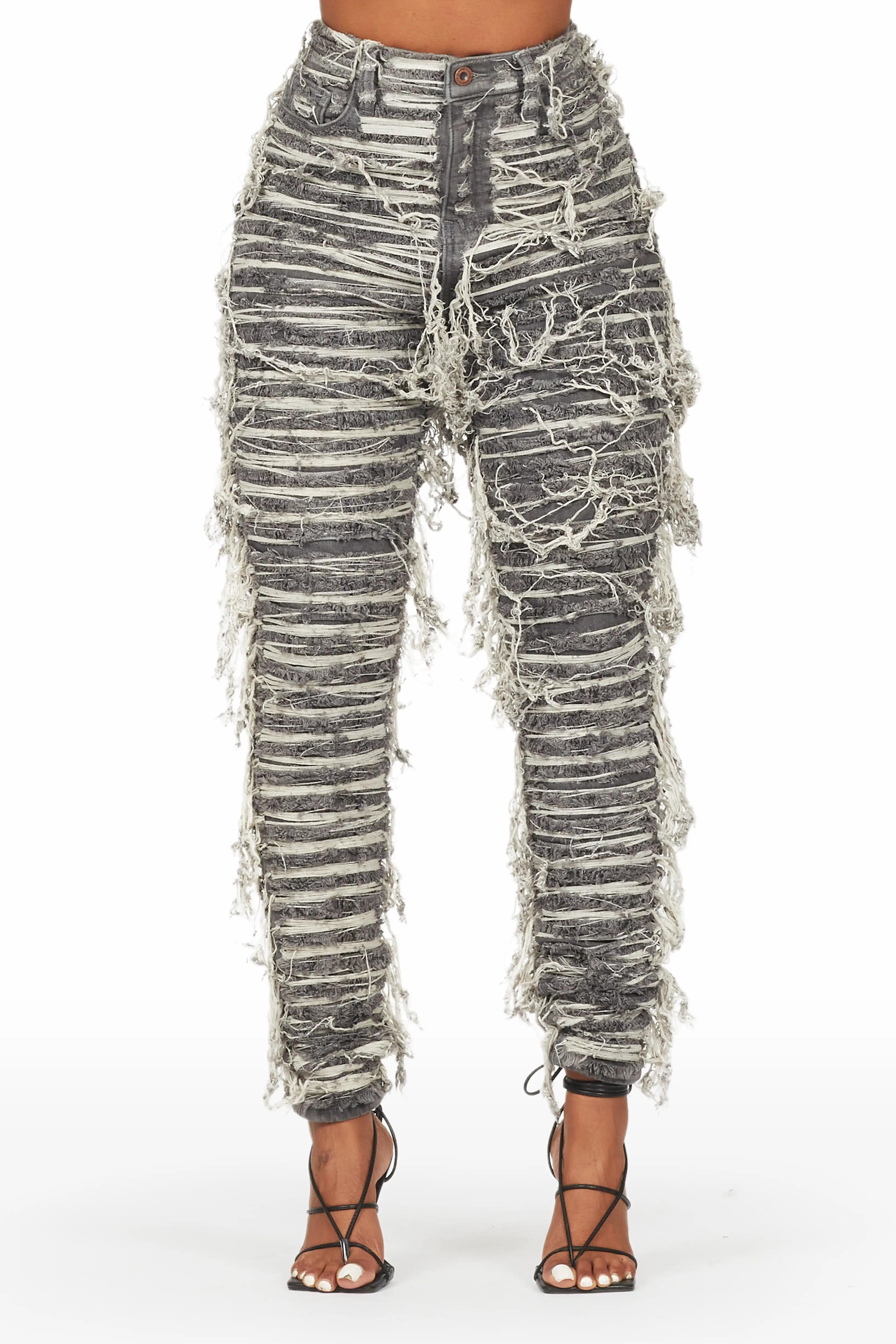 Lucia Grey Wash Shredded Skinny Jean Trendy Wide-Legged High-Waist Jeans
