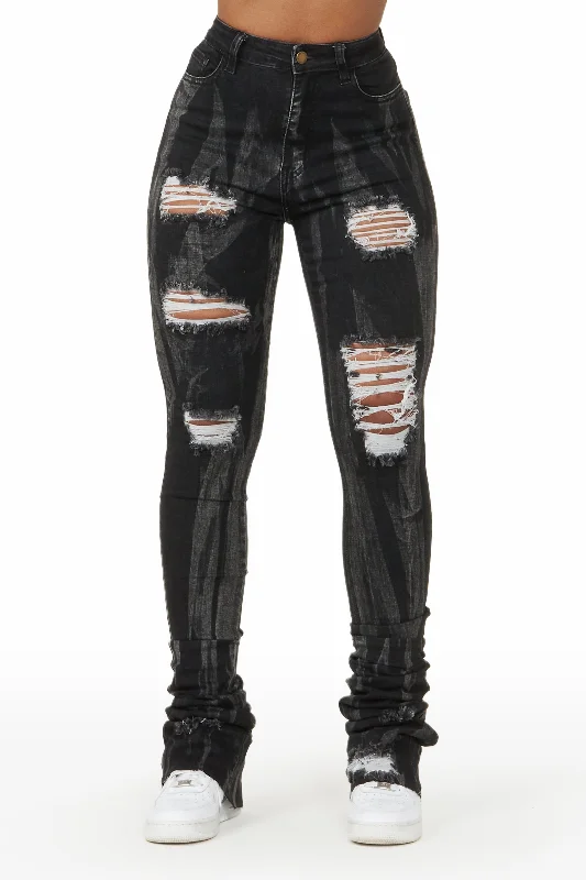 Isha Black Distressed Super Stacked Jean Trendy Bootcut High-Waisted Jeans