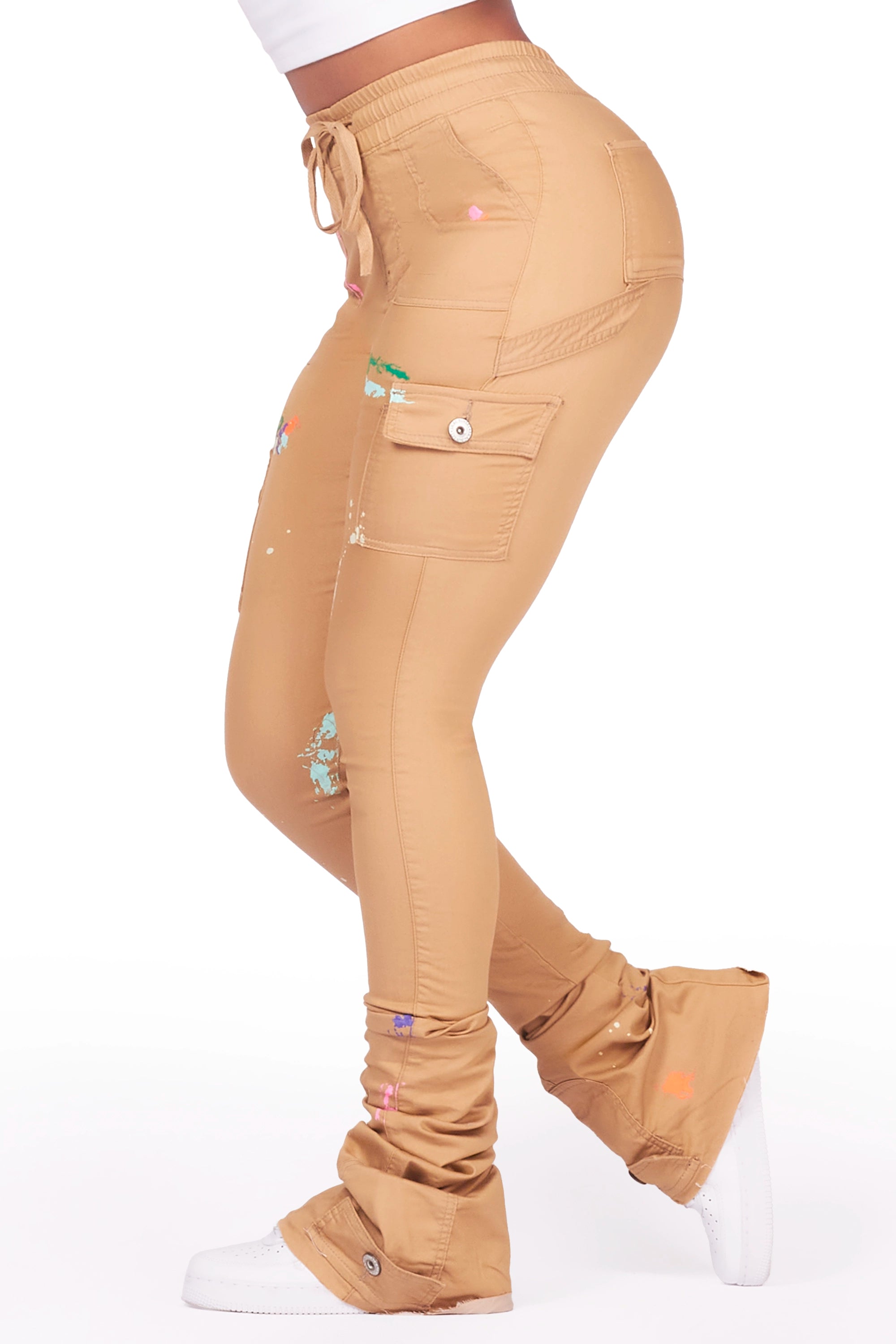 Taniya Dark Tan Cargo Painted Super Stacked Jean Fashionable Raw Edge Jeans
