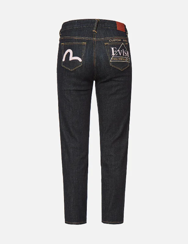 Seagull and Logo Print Slim Fit Jeans Comfortable Jogger Style Jeans