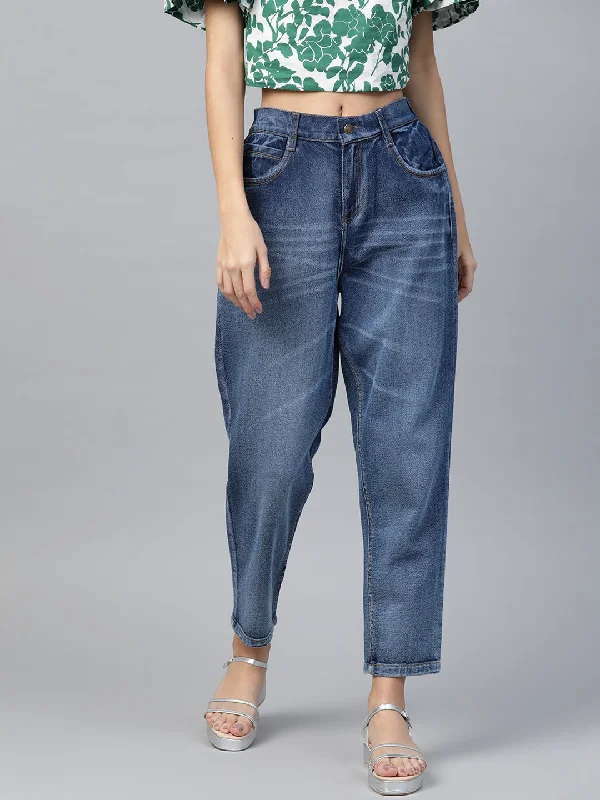 Women Blue High Waist Basic Jeans Fashionable Straight Cut Jeans