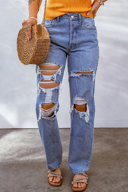 Mid-Rise Distressed Denim Blue Jeans Casual Distressed Denim Jeans
