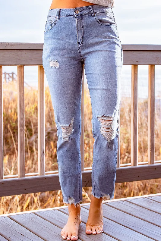 Sky Blue Ripped Slim Fit Washed Jeans Casual Straight-Leg Jeans