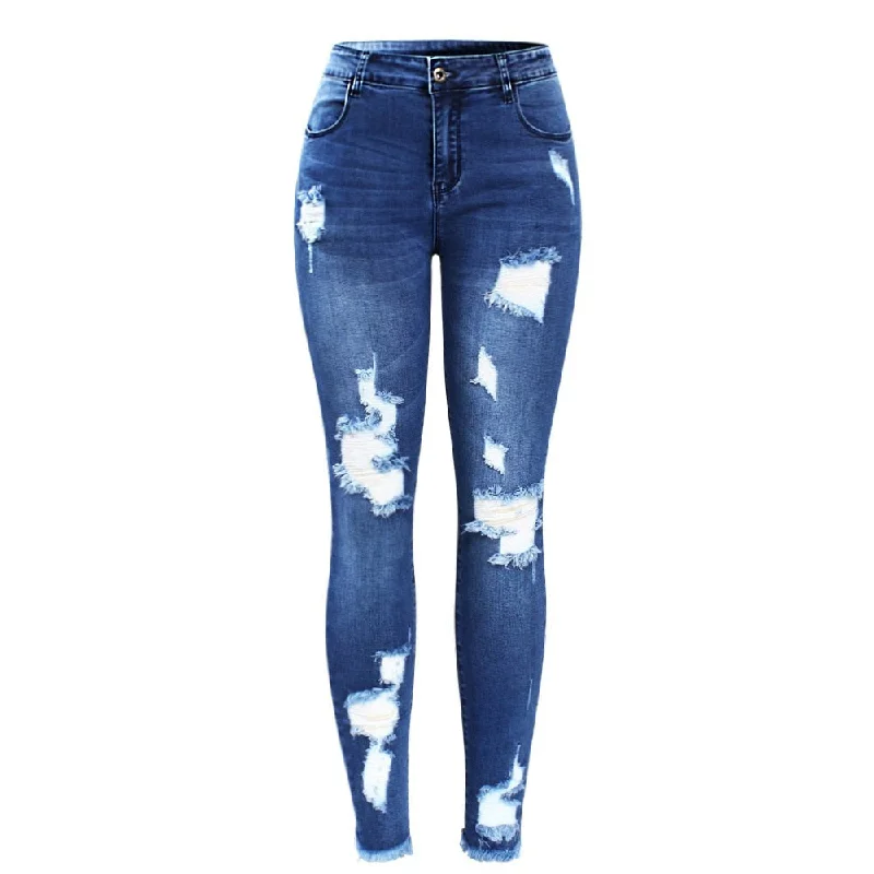 Stretchy Blue Tassel Ripped Jeans Trendy Classic Fit Jeans