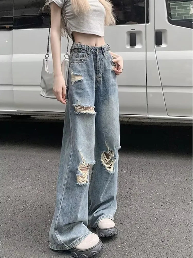 DressBetty - 2024 Summer Holes High Waist Retro Jeans Trendy Vintage Denim Jeans