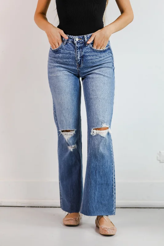 Sydney Medium Wash High-Rise Distressed Wide Leg Jeans Cozy Relaxed Fit Denim Jeans