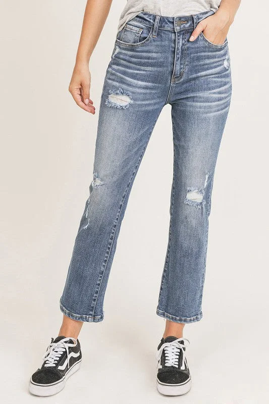 Vintage Washed Straight Jeans Comfortable Distressed Straight-Leg Jeans