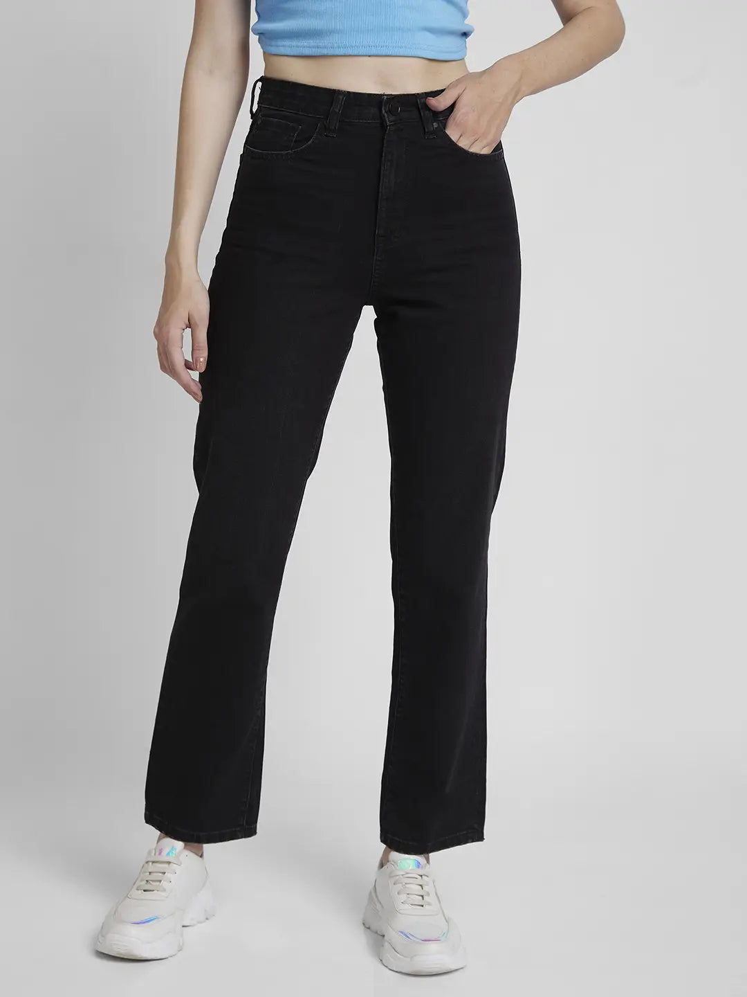 Spykar Women Raw Black Cotton Straight Fit Regular Length Slash Knee Jeans -(Bella) Chic Vintage-Inspired Denim Jeans Spykar Women Raw Black Cotton Straight Fit Regular Length Slash Knee Jeans -(Bella) Chic Vintage-Inspired Denim Jeans