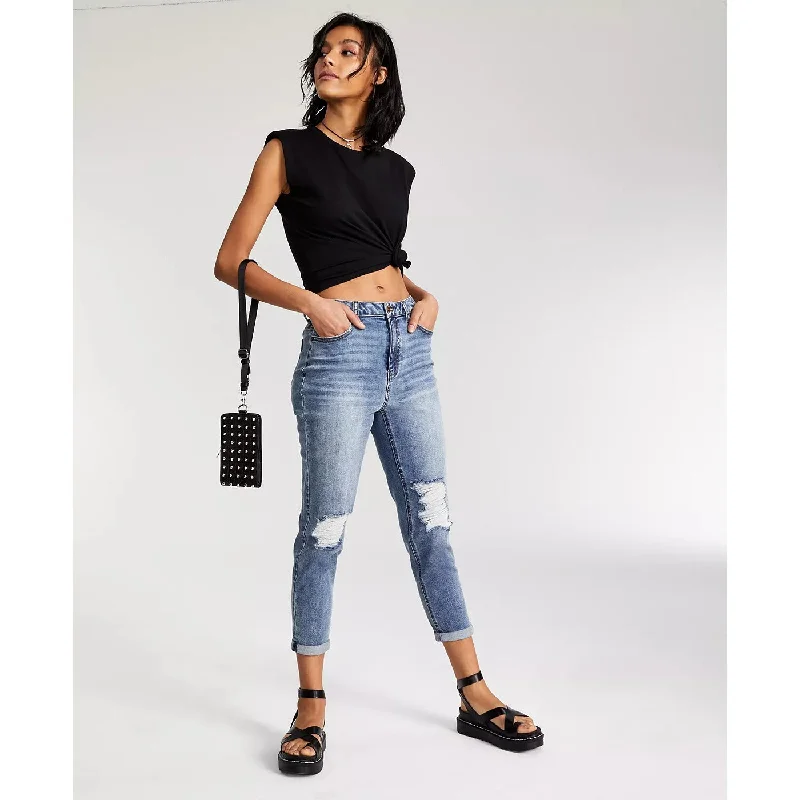 VS Destructed Cinched Waist Mom Jeans Fashionable Distressed Jeans