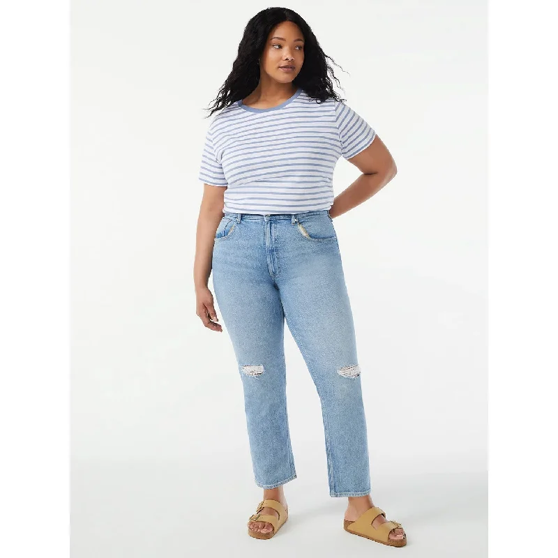 FA 90's Straight Ripped Jeans Chic Rip-Detail High-Waist Jeans