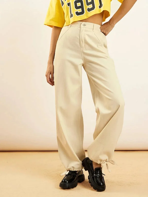 Women Beige Hem Drawstring Detail Jogger Jeans Stylish Bootcut Denim Jeans