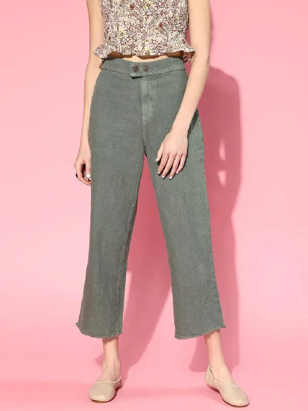 Women Grey Double Button Straight Jeans Chic Dark-Wash Skinny Jeans