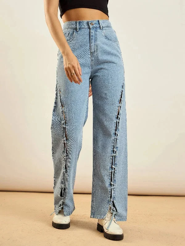 Women Ice Blue Dori Insert Detail Straight Fit Jeans Fashionable Slouchy Fit Jeans