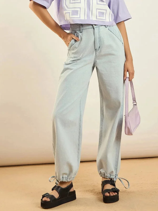 Women Ice Blue Hem Drawstring Detail Jogger Jeans Fashionable Jeggings Style Jeans