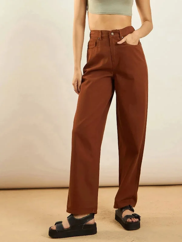 Women Rust Denim Straight Fit Jeans Fashionable Button-Front Jeans