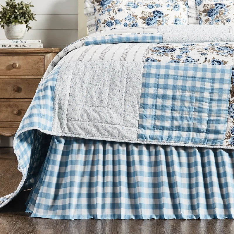 Annie Buffalo Blue Check Queen Bed Skirt 60x80x16 VHC Brands button skirt front