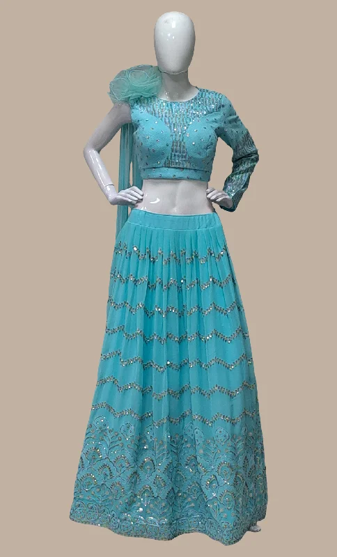 Aqua Embroidered Skirt Set high waist skirt