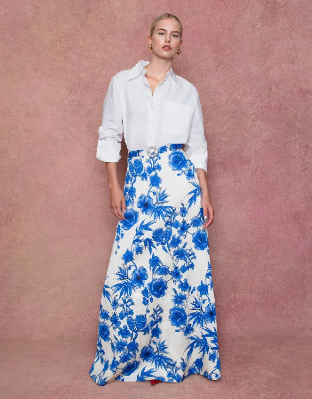 Bellamy Brocade Skirt - Antigua Blue high slit skirt
