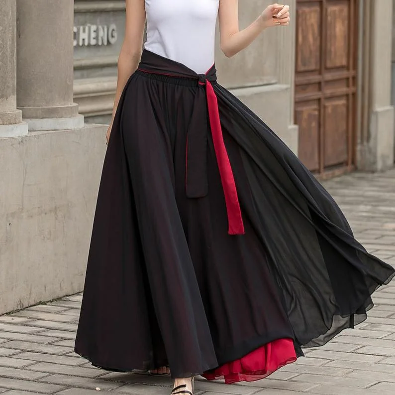 Black Long Chiffon Maxi Skirt Women, Swing Full Circle Skirt, Boho Maxi Skirt, Elastic Waist Chiffon Skirt with Sash, Plus Size Skirt velvet skirt luxury