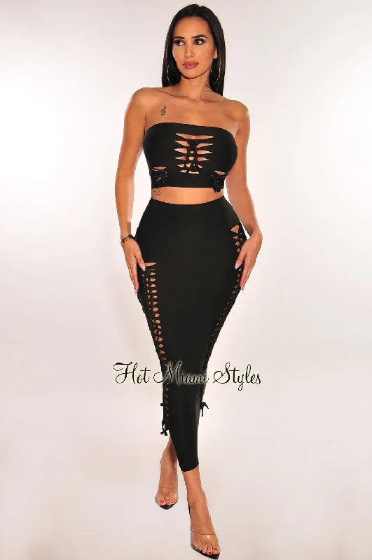 Black Strapless Cut Out Lace Up Midi Skirt Two Piece Set pleated skirt texture