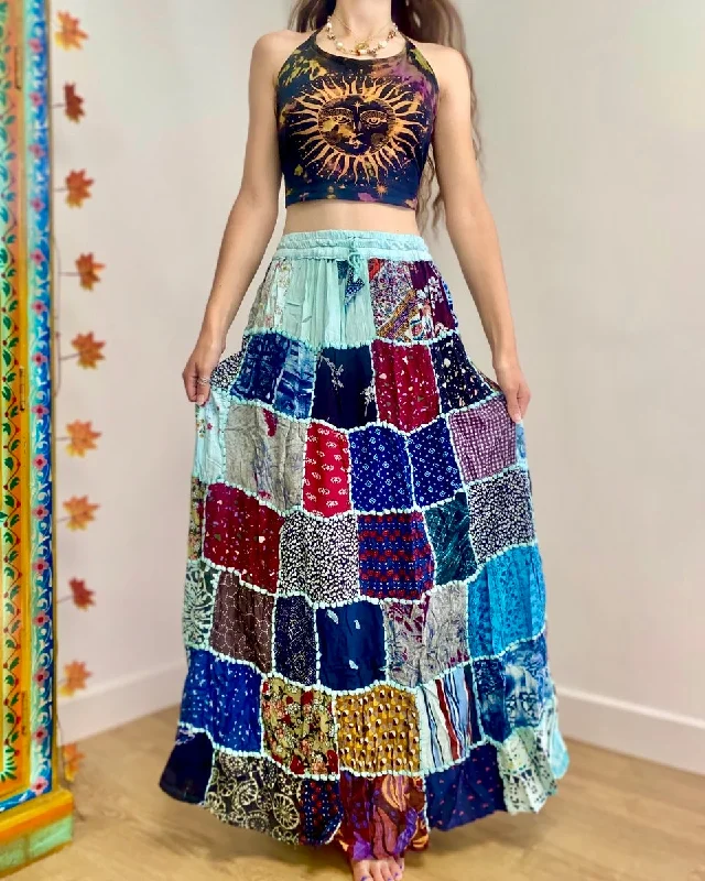 Blue Patchwork Maxi Skirt flowy skirt hem