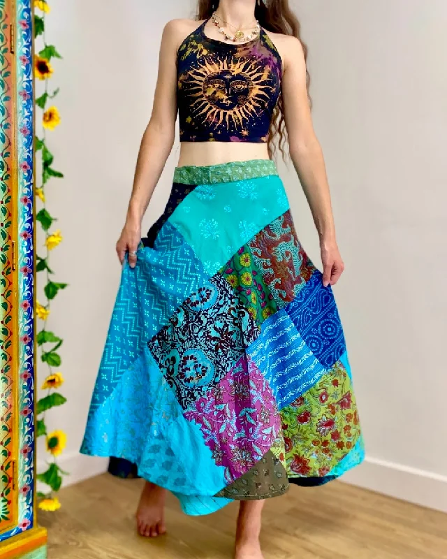 Blue Patchwork Midi Wrap Skirt linen skirt light