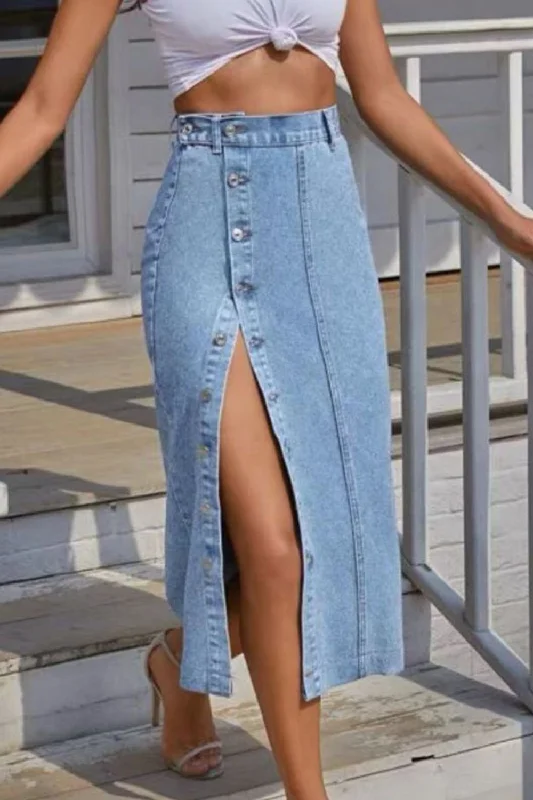Button Fly Split Denim Skirt leather skirt sleek