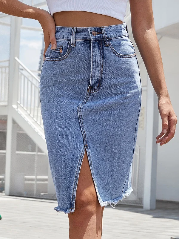 BerriesJam - Casual Zipper Fly Raw Hem Split Denim Skirt leather skirt bold
