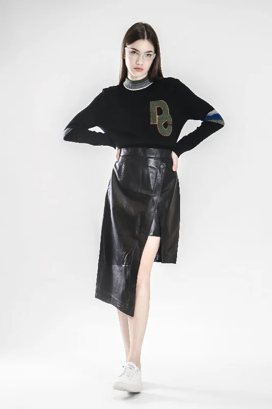 CHIC BLACK ASYMMETRICAL MIDI LEATHER SKIRT wrap skirt elegant