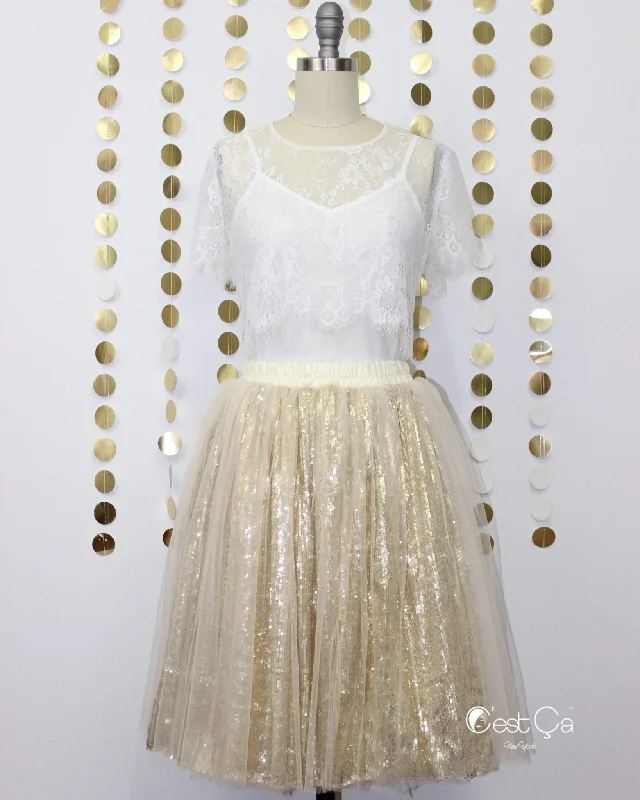 Chloé Gold Sequin Tulle Skirt - Midi breathable skirt fabric