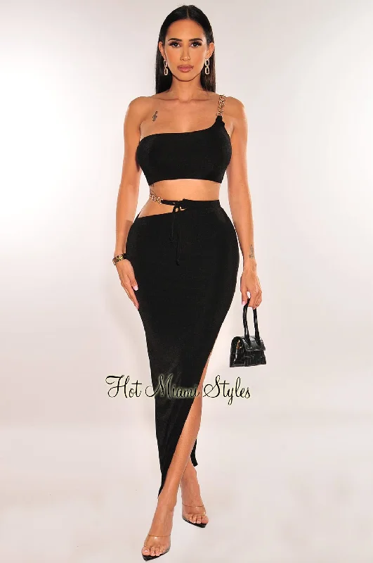 Black Gold Chain One Shoulder Cut Out Skirt Two Piece Set leather skirt durable