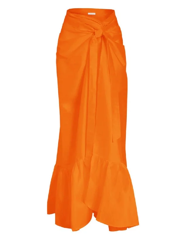 Calypso Silk Taffeta Wrap Maxi Skirt - Tangerine belted skirt waist