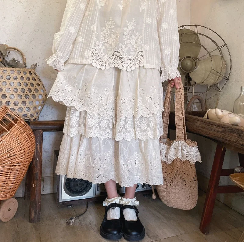 Cottagecore Embroidered Multi-layer Skirt denim skirt classic