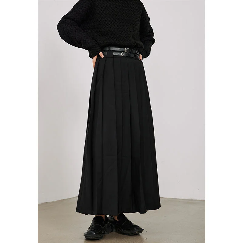 Double Belt Pleated A-line Skirt lace skirt elegant