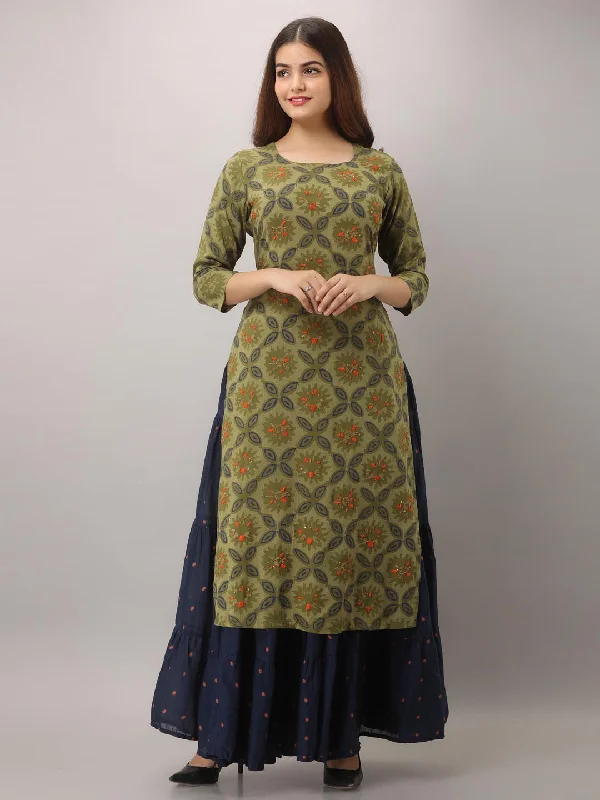 Green Rayon Straight Women's Kurta with Skirt (3 Piece Set) velvet skirt glossy