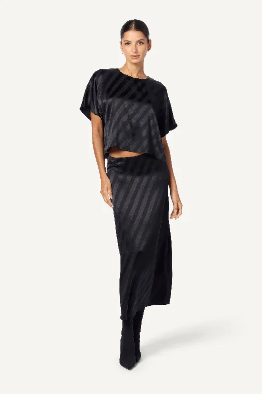 KELLEY BIAS CUT MAXI SILK SKIRT W/ ELASTIC TRIM | BLACK lace skirt intricate