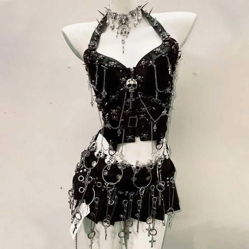 Metal chain o ring skull applique zip-up mini skirt set summer skirt style